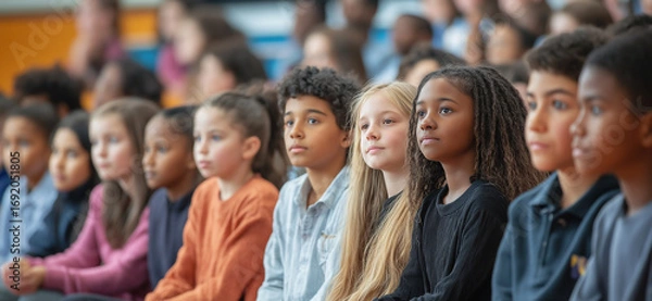 Fototapeta Diverse group of elementary school students sitting together in bleachers, attentively listening to a presentation during a school assembly