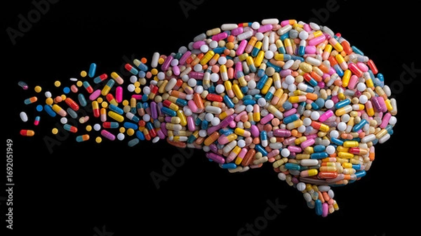 Fototapeta Colorful assortment of pills and capsules arranged to form a brain shape, symbolizing mental health, creativity, and the impact of medication on cognitive processes