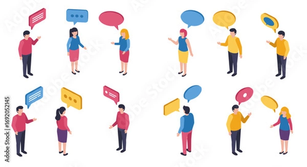 Fototapeta Isometric people engaged in conversations with colorful speech bubbles