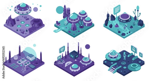 Fototapeta Futuristic isometric alien landscape with spaceships and extraterrestrial buildings