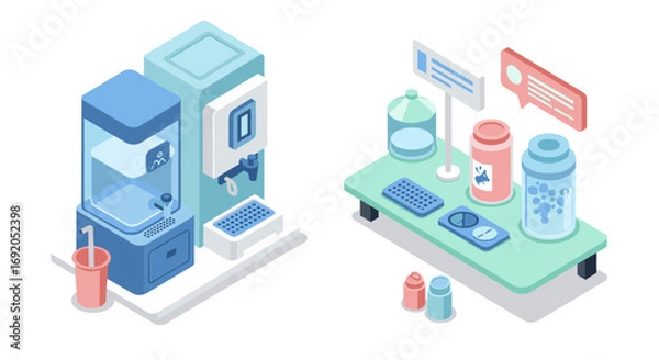 Fototapeta Isometric water dispenser and reusable container depiction for eco-friendly solutions