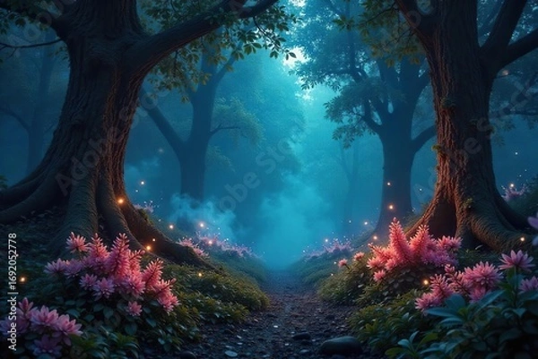 Fototapeta Enchanted forest at twilight, glowing flora and ethereal mist create a mystical atmosphere Perfect for fantasy, fairytale, or magical realism projects , scene, wonder