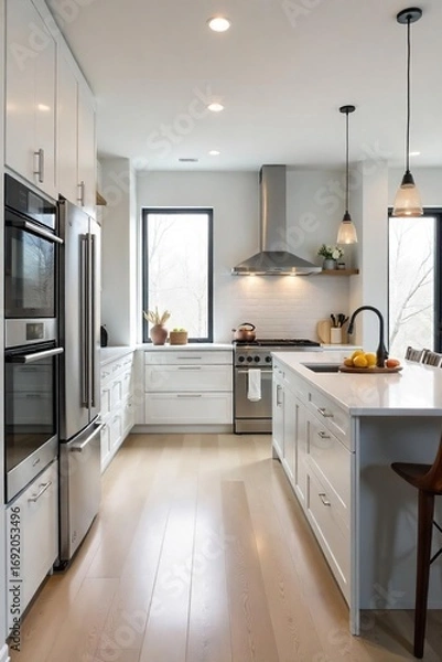 Fototapeta Sleek minimalist kitchen with stainless steel appliances, quartz countertops, and modern cabinetry  Open concept design showcases clean lines and ample natural light ,  sink,  open concept