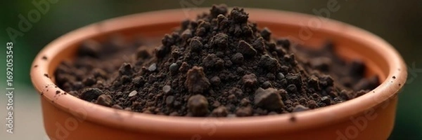 Fototapeta Close-up view of rich, dark potting soil in a terracotta pot, ready for planting  Texture and color are beautifully showcased, ideal for gardening blogs or websites ,  detail,  spring