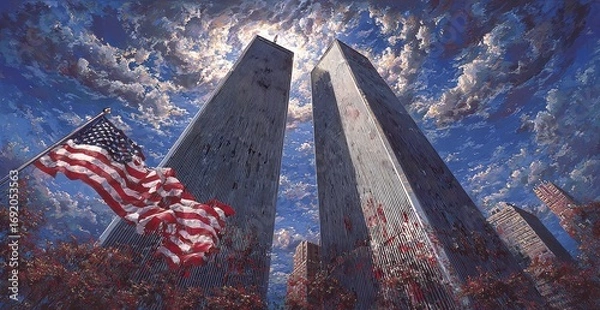 Obraz Iconic Twin Towers, American flag, somber scene