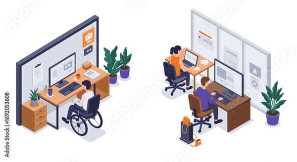Fototapeta Remote work collaboration in modern office with diverse employees in isometric style