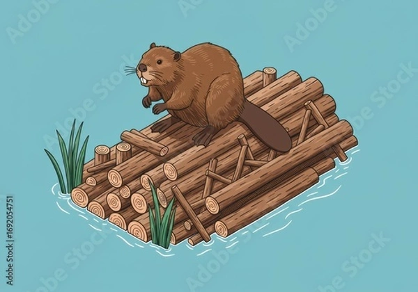 Fototapeta Beaver on a Log Raft A Charming Illustration