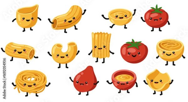Fototapeta Cute cartoon pasta and tomato characters with smiling faces and playful expressions