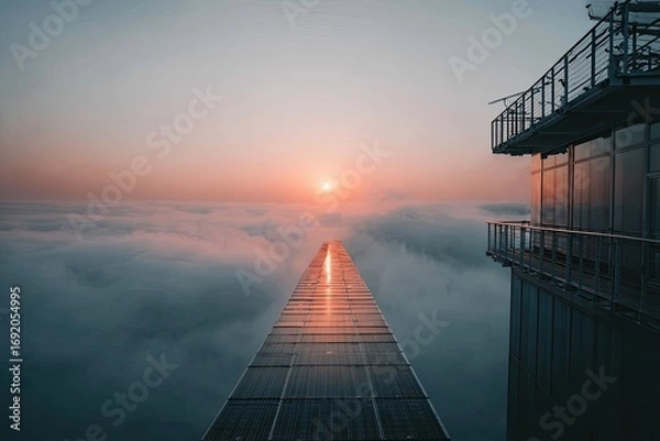 Fototapeta Elevated walkway over clouds at sunrise