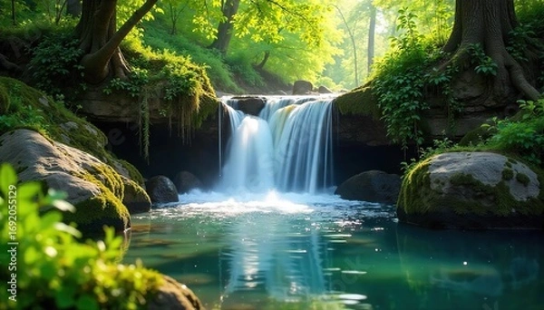 Fototapeta Serene springtime waterfall cascading over mossy rocks, vibrant green foliage surrounding the crystalline water Sunlight dapples the scene, creating a magical atmosphere , mossy rocks, nature