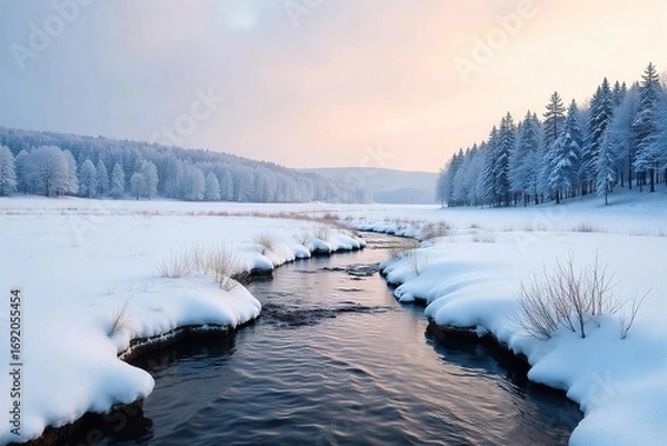 Fototapeta Serene winter landscape in the countryside  Snow-covered fields stretch to a distant, snow-dusted forest under a pale winter sky  Frozen creek meanders through the scene ,  idyllic,  serene