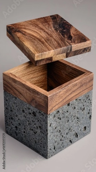 Fototapeta Wooden box with stone base, lid open