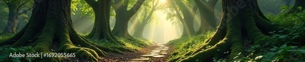 Fototapeta Enchanted woodland path, dappled sunlight filtering through ancient trees, moss-covered stones, mystical atmosphere, ethereal beauty , enchanted, foliage