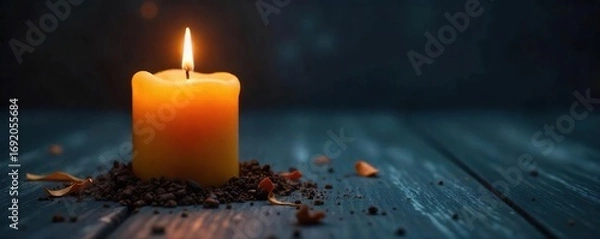 Fototapeta Spooky Halloween candle with flickering flame, casting eerie shadows on a dark, textured surface  Perfect for autumn, fall, gothic, witchcraft, and spooky season imagery , magic, home