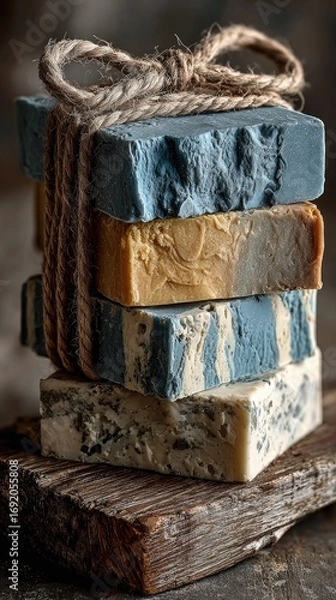 Obraz Stacked artisanal soaps tied with twine