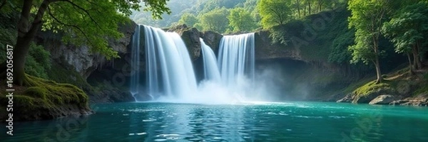 Fototapeta Serene waterfall cascading into a tranquil waterfront, mist rising, lush greenery framing the scene Perfect for travel, nature, and relaxation themes , lush, waterfront