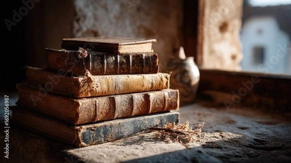 Fototapeta Stacked antique books on a weathered surface near a window