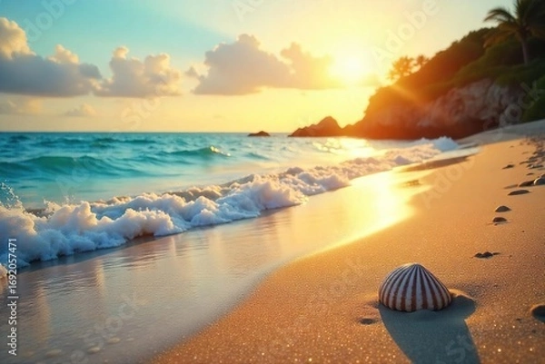 Fototapeta Golden hour sunlight bathes a pristine beach, waves gently lapping the shore  Perfect for summer vacation or travel brochures  Seashells, sandcastles, and tranquil ocean views ,  coastline,  ripple
