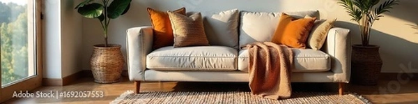 Fototapeta Cozy living room featuring a stylish throw blanket draped over a sofa, complemented by decorative cushions and a warm-toned rug, creating a welcoming atmosphere , objects, warm, minimalist