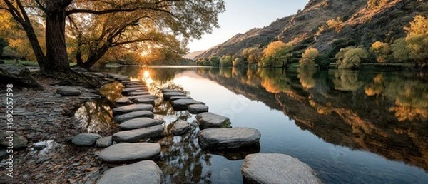 Obraz Serene riverbank path at sunrise