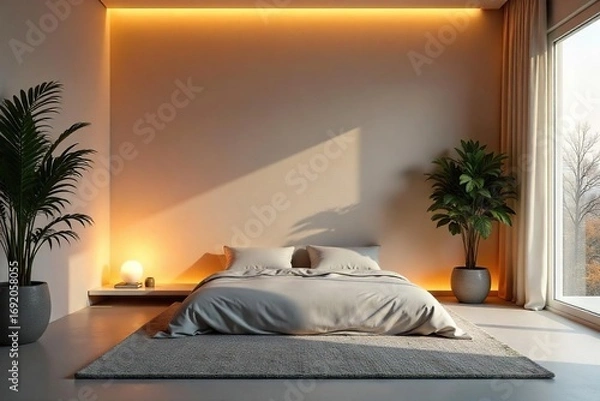 Fototapeta Soft, warm ambient lighting creates a calming and relaxing atmosphere in a minimalist interior Perfect for meditation, yoga, or simply unwinding after a long day , quiet, relaxing