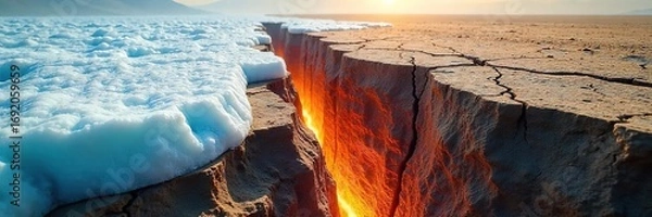 Fototapeta Cracked earth reveals geological fault line, juxtaposed with melting glacial ice signifying the impact of global warming and increased seismic activity ,  geological hazard,  cracked earth,  ice melt
