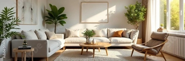 Fototapeta Serene living room in a mediation home, featuring calming d?cor and natural light, ideal for peaceful conflict resolution , interior design, atmosphere, windows