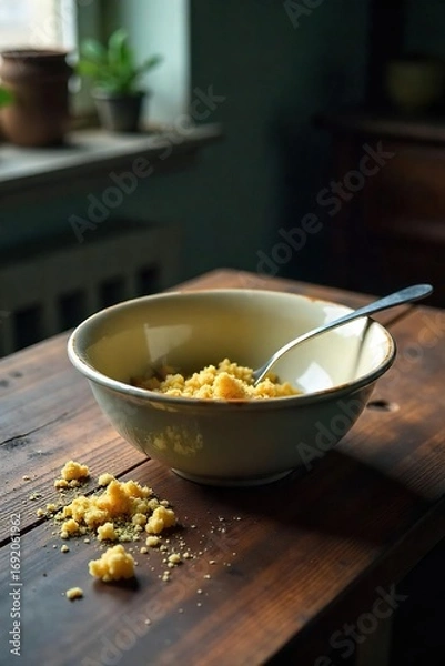 Fototapeta Empty bowl, unwashed dishes, and crumbs on a table, suggesting a lack of food and emotional distress ,  despair,  somber,  hunger