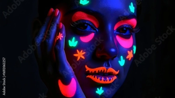 Fototapeta Young woman with neon face paint posing in dark environment  