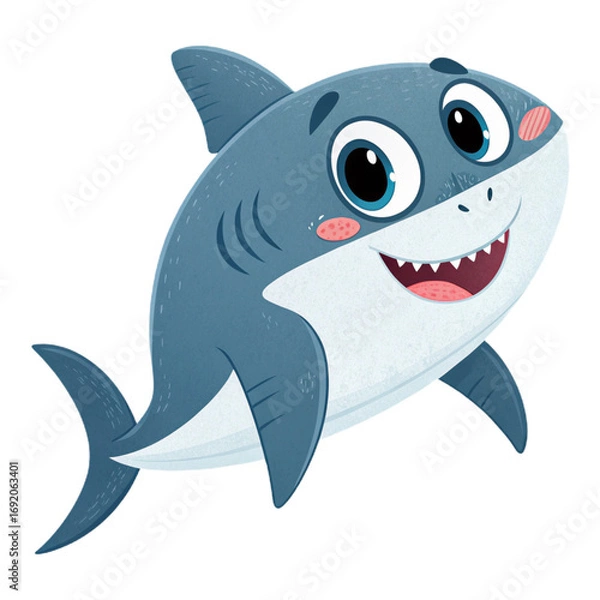 Fototapeta Cute cartoon shark with friendly smile on transparent background for kids party posters, ocean illustrations, educational projects and stickers