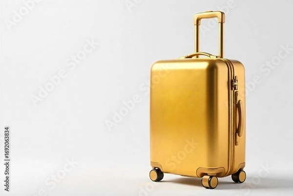 Fototapeta Gleaming golden luggage sits on a pristine white background, ready for a luxurious journey Its elegant design and rich color suggest high-end travel and sophistication , opulent, shadow, gold