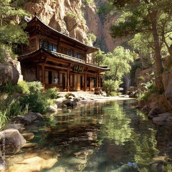 Obraz Peaceful wooden temple nestled in a serene valley