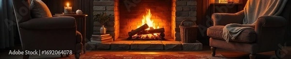 Fototapeta Cozy fireplace scene with warm glowing embers, inviting armchair, soft blanket, and books; perfect for a relaxing evening at home , comfort, wood, quiet