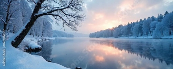 Fototapeta Frozen lake reflecting a stark winter sky, icy branches reaching towards the heavens Perfect for winter themes, cold weather, or atmospheric backgrounds , frozen, winter background