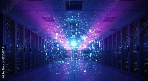 Fototapeta Data Center Innovation - Futuristic Technology and Server Room Visualization.