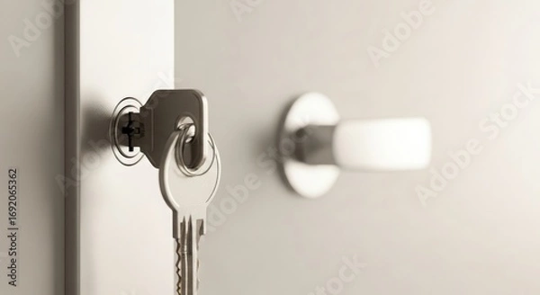 Fototapeta Close-up of a key in metal door lock with round handle on stainless steel surface