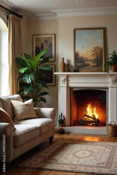 Fototapeta Cozy and inviting living room background featuring a warm fireplace, comfortable furniture, and soft lighting, perfect for home design projects , home, cottage