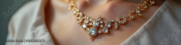 Fototapeta Close-up shot of delicate gold necklace with shimmering gemstones, elegant and stylish statement piece, perfect for adding a touch of luxury to any outfit , stylish, pretty, shimmer