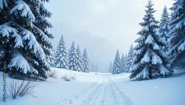 Fototapeta Heavy snowfall blankets a winter landscape, creating a serene and picturesque snowy scene Perfect for winter wonderland, holiday, or weather themed projects , stillness, Christmas, scenic