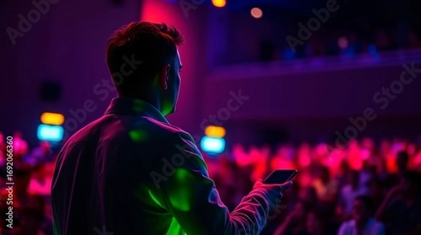 Fototapeta Dynamic speaker captivating audience with a smartphone during a conference in vibrant neon lights
