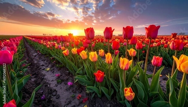 Obraz Sunset over a Vibrant Tulip Field