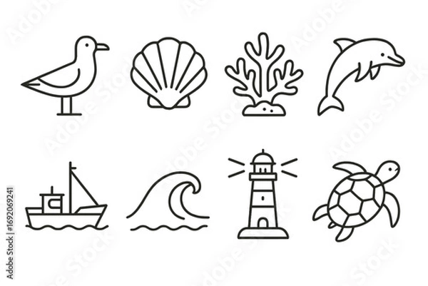 Fototapeta Set of eight minimalist sea-themed line icons: bird, shell, coral, dolphin, boat, wave, lighthouse, turtle