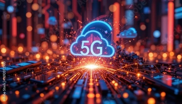 Fototapeta "Modern Mobile Tech World: A Digital Background Featuring Smartphones, 5G Speed, Cloud Computing, and Intelligent Connectivity in Today’s Smart Era"
