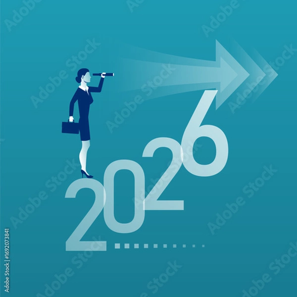 Obraz Look at the next year. Businesswoman with a telescope looks at the next year 2026. Successful prospects in the coming year. Vector illustration flat design.