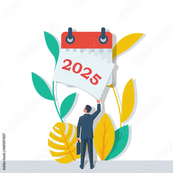 Obraz Goodbye 2025. A businessman tears off a calendar sheet of the outgoing year. Parting with coming year. Vector illustration flat design. Isolated on white background.