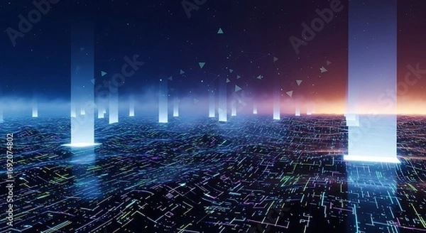 Fototapeta Abstract Data Landscape with Glowing Pillars and Circuit Board.