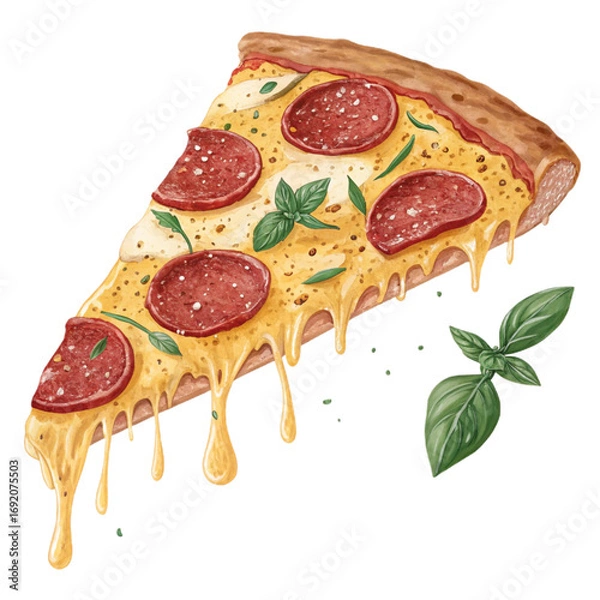 Fototapeta Delicious pizza slice with melted cheese, pepperoni, and oregano on transparent background for restaurant branding and food delivery menus