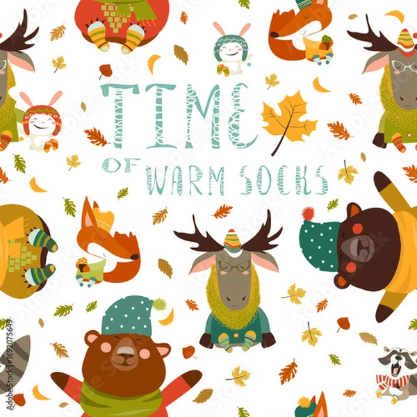Fototapeta Vector autumn forest seamless pattern with cute animals
