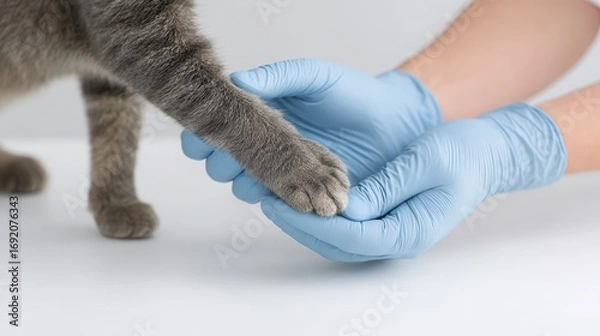 Fototapeta A person in gloves gently holds a cat's paw, highlighting care and veterinary attention.