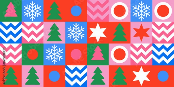 Fototapeta Vibrant geometric christmas pattern with trees snowflakes stars and circles in bold colors